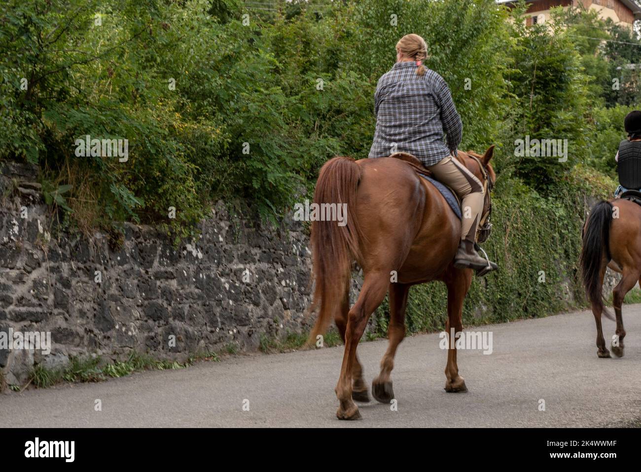 Woman riding a horse in the foreground on the countryside path Stock Photo