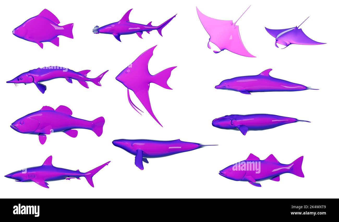 Plastic, purple fish sculpture, statue collection, set Stock Photo Alamy