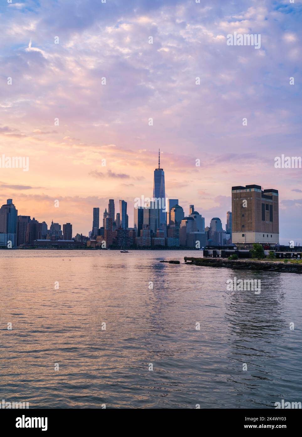 city skyline at sunrise Manhattan skyscraper downtown Stock Photo