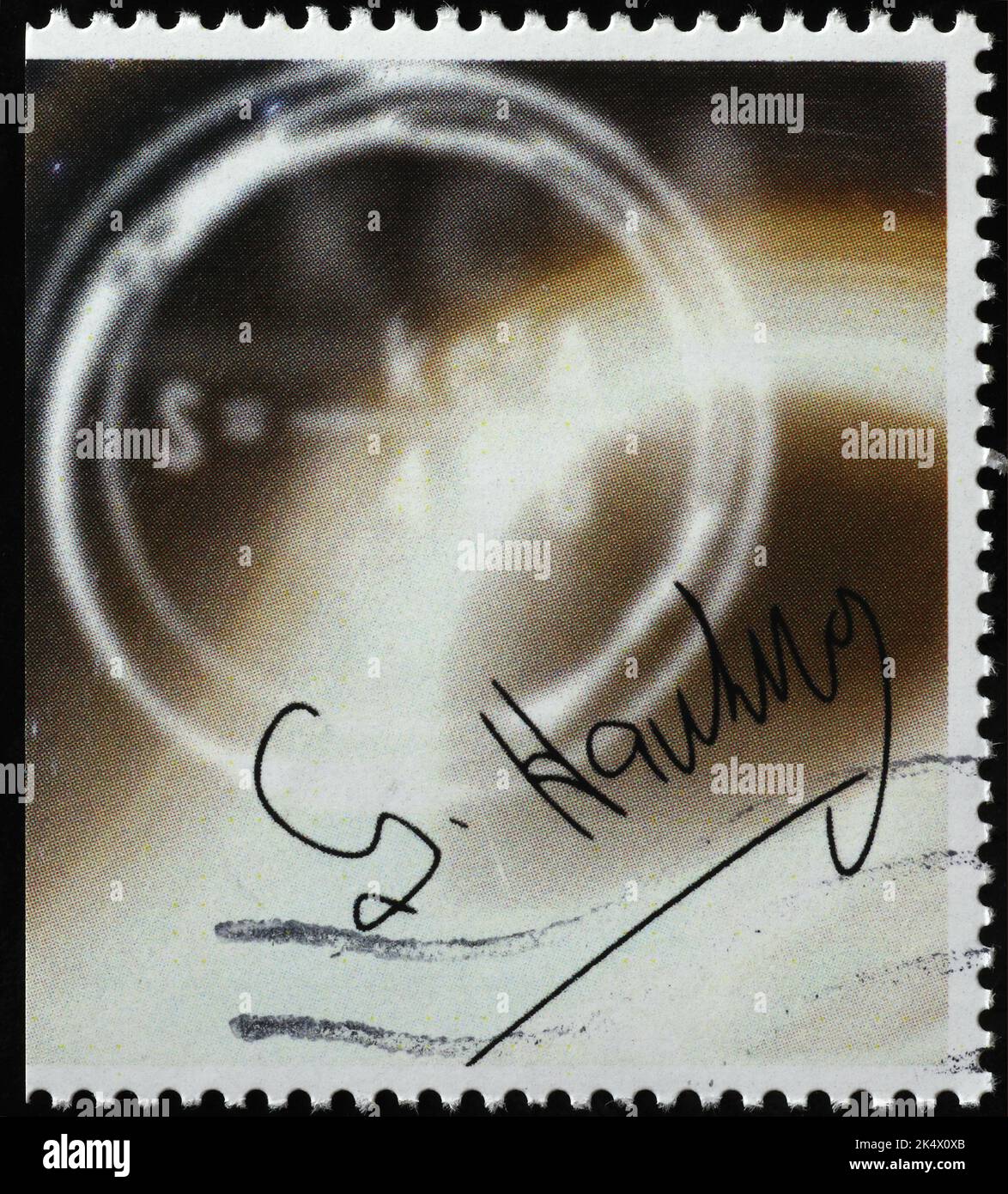 Signature of Stephen Hawking on postage stamp Stock Photo