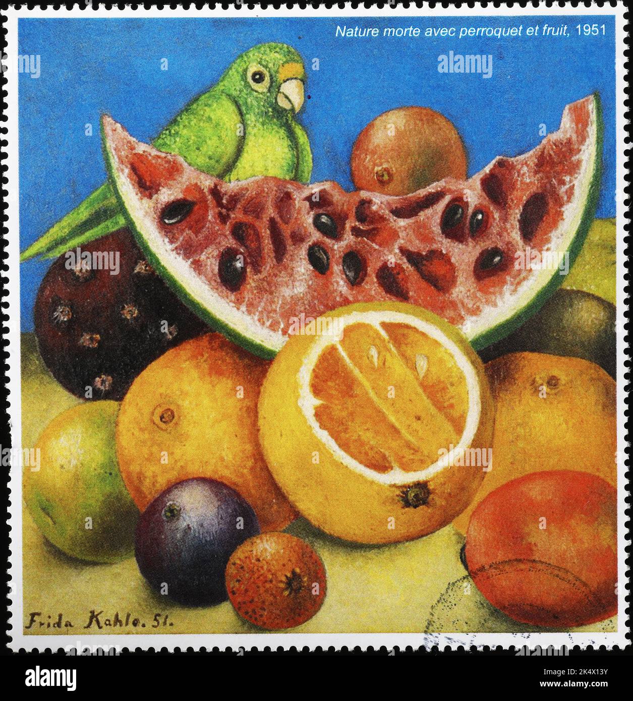 Still life with parakeet by Frida Kahlo on postage stamp Stock Photo