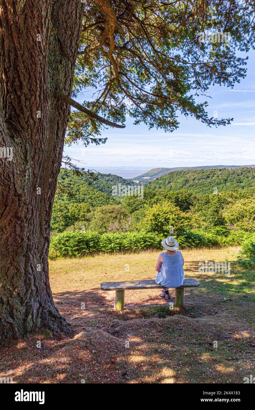 A middle aged lady enjoying the view from a seat beside a bridleway on Cloutsham Ball on Exmoor National Park at Cloutsham, Somerset UK Stock Photo