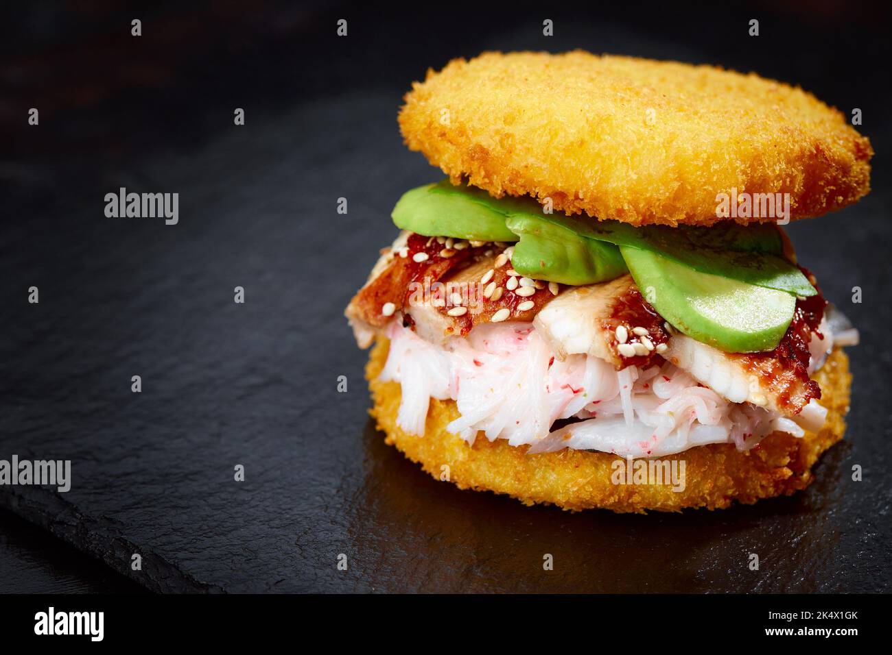 sushi menu with burger made from rice and smoked eel, avocado, light