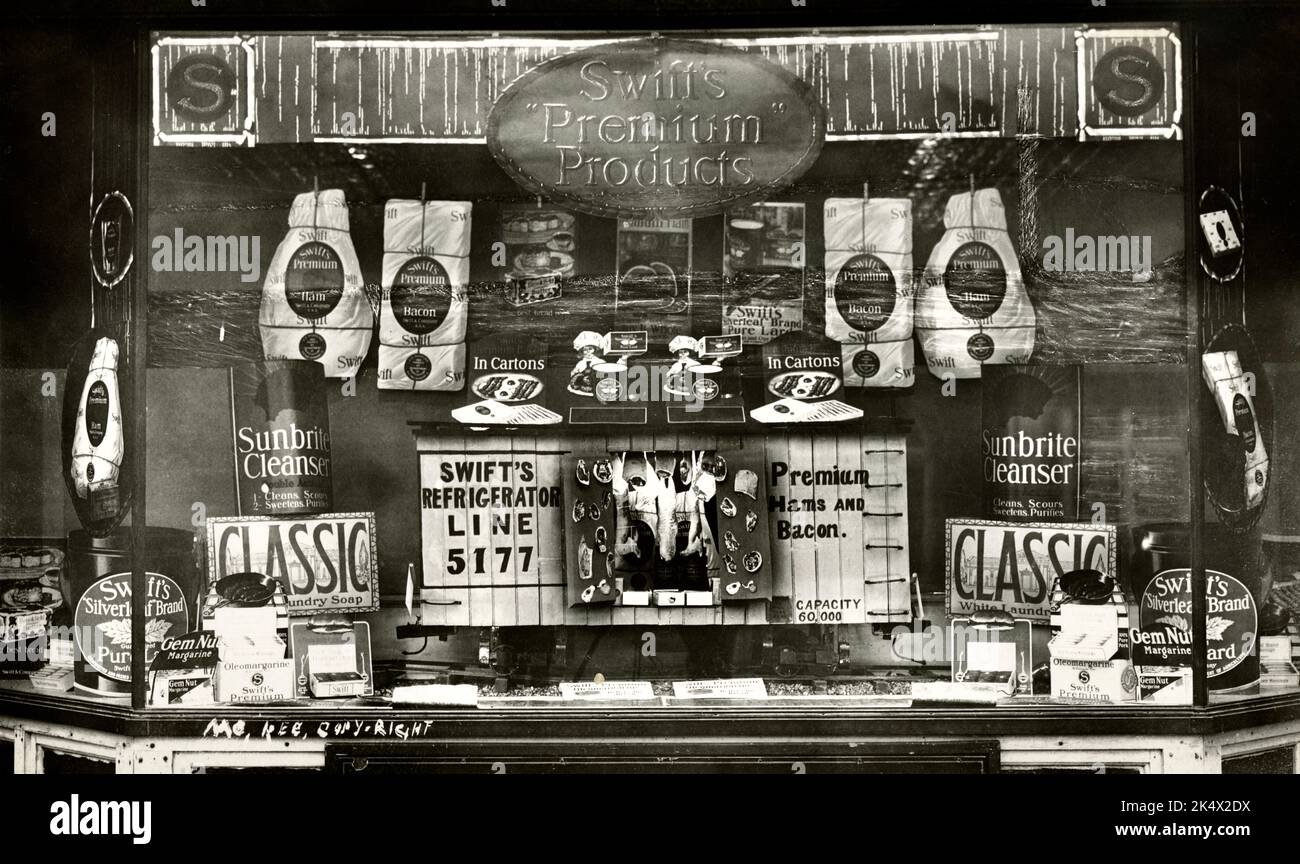 Vintage Swift Meat Products Store Display Window, 1900s, Vintage Swift and company Turn of the Century, Butcher, Premium Swift, Old Store Stock Photo