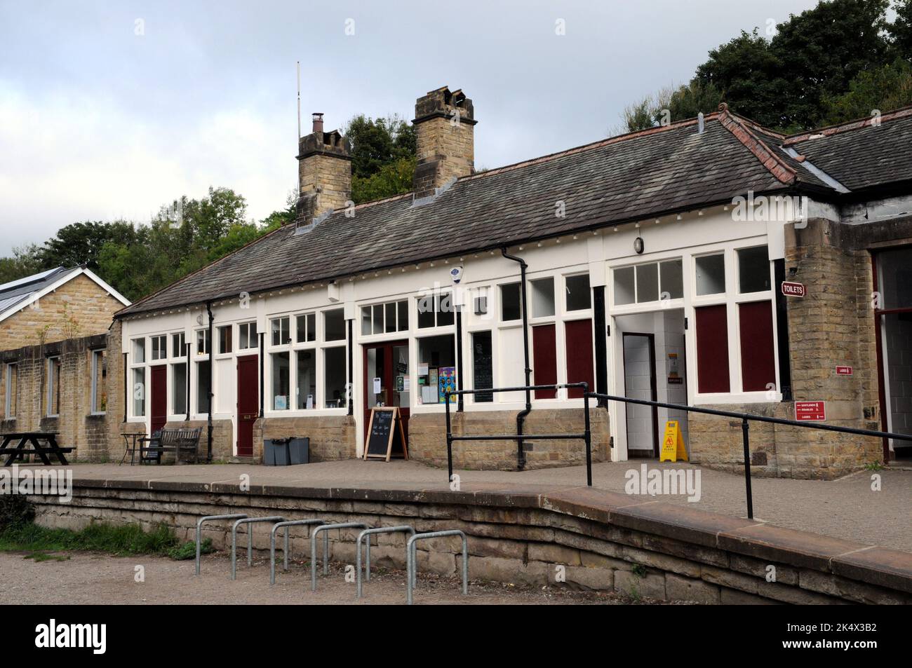The Refreshment Room at Miller Dale Station in the Peak District. The restored café is very popular with cyclists and walkers on the Monsal Trail Stock Photo