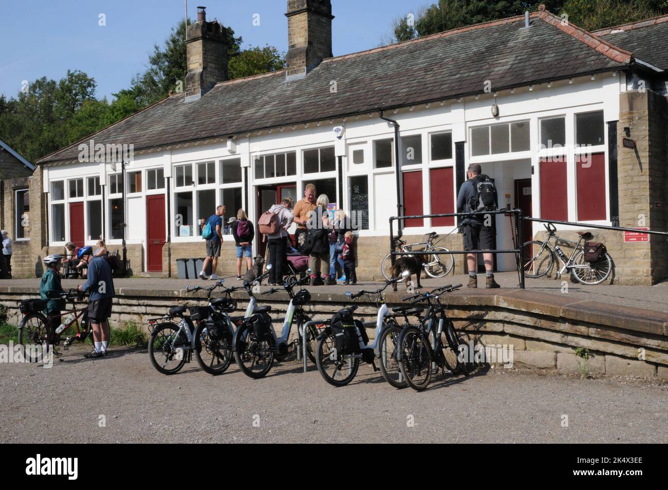 The Refreshment Room at Miller Dale Station in the Peak District. The restored café is very popular with cyclists and walkers on the Monsal Trail. Stock Photo