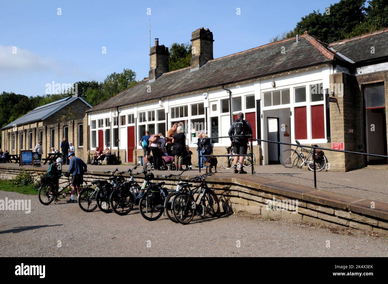 The Refreshment Room at Miller Dale Station in the Peak District. The restored café is very popular with cyclists and walkers on the Monsal Trail. Stock Photo