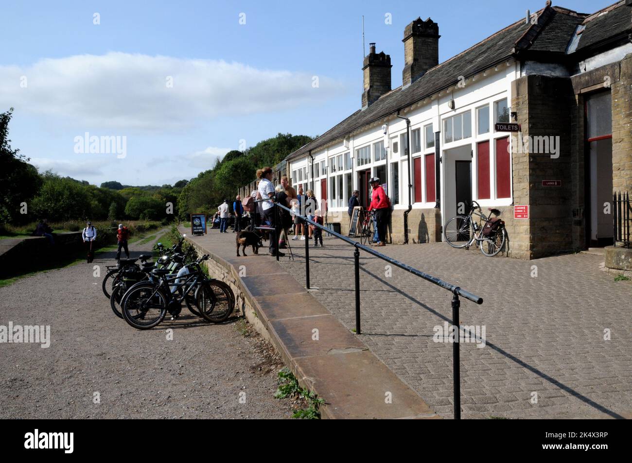 The Refreshment Room at Miller Dale Station in the Peak District. The restored café is very popular with cyclists and walkers on the Monsal Trail. Stock Photo