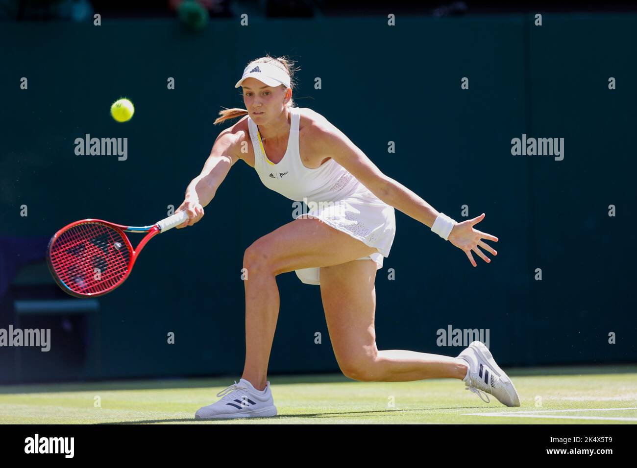 Kazakhstani tennis player Elena Rybakina playing a forehand at the