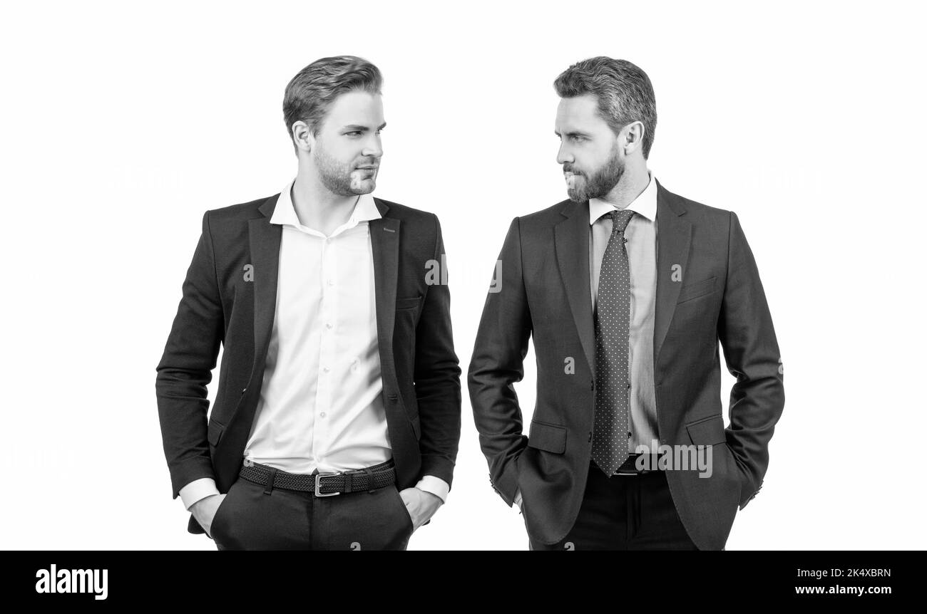 businessmen in businesslike suit competing for leadership isolated on white, leadership Stock Photo