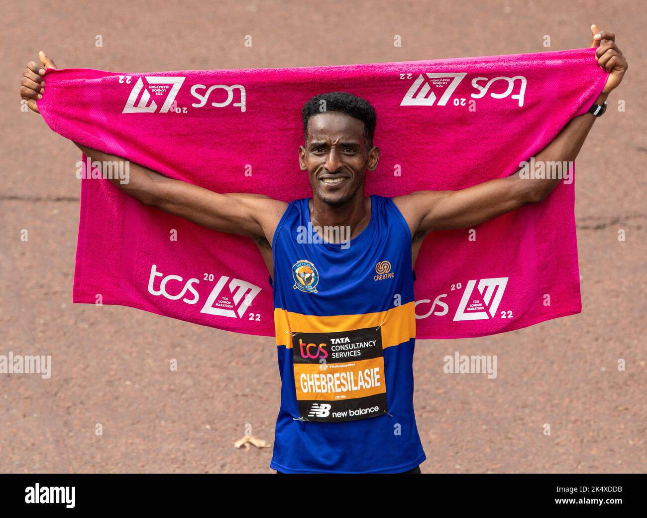 First british athlete to finish Weynay Ghebresilasie competing in the Elite men's race at the TCS London Marathon on October 02, 2022 in London, Engla Stock Photo