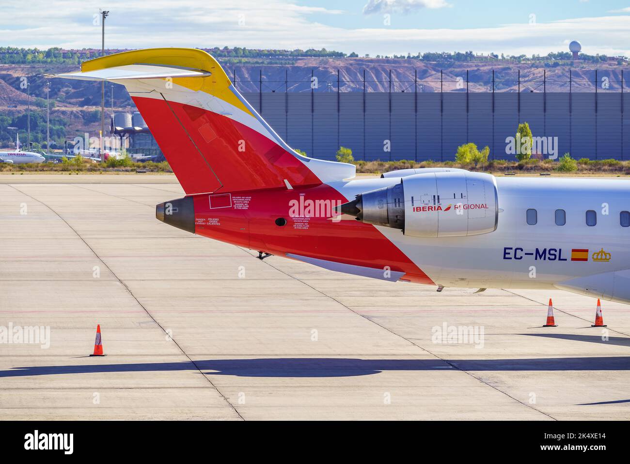 Madrid, Spain, October 30, 2022: Iberia plane tail at Madrid Barajas airport. Stock Photo