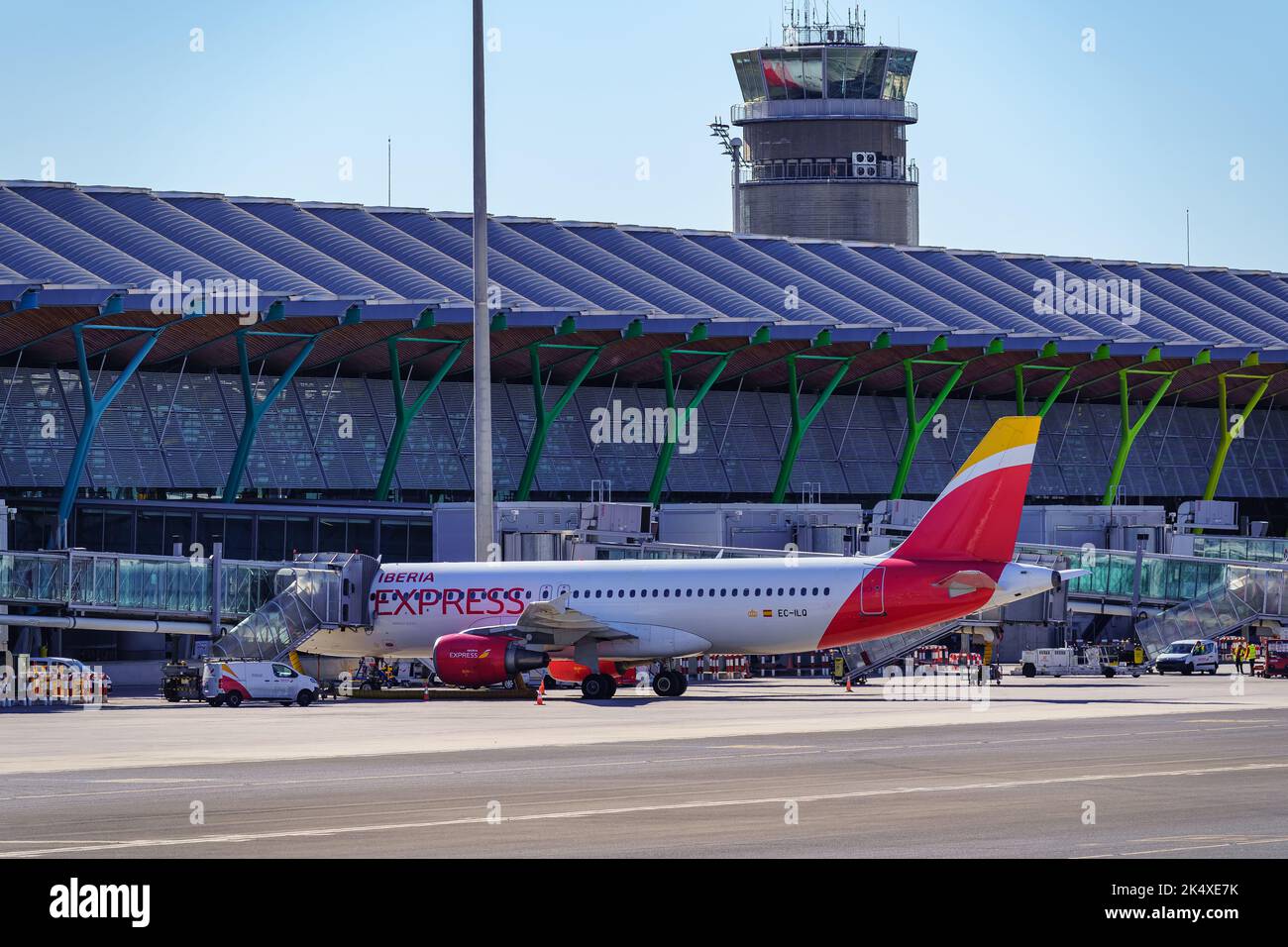 Madrid, Spain, October 30, 2022: Iberia plane parked in the finger of Madrid Barajas airport Stock Photo