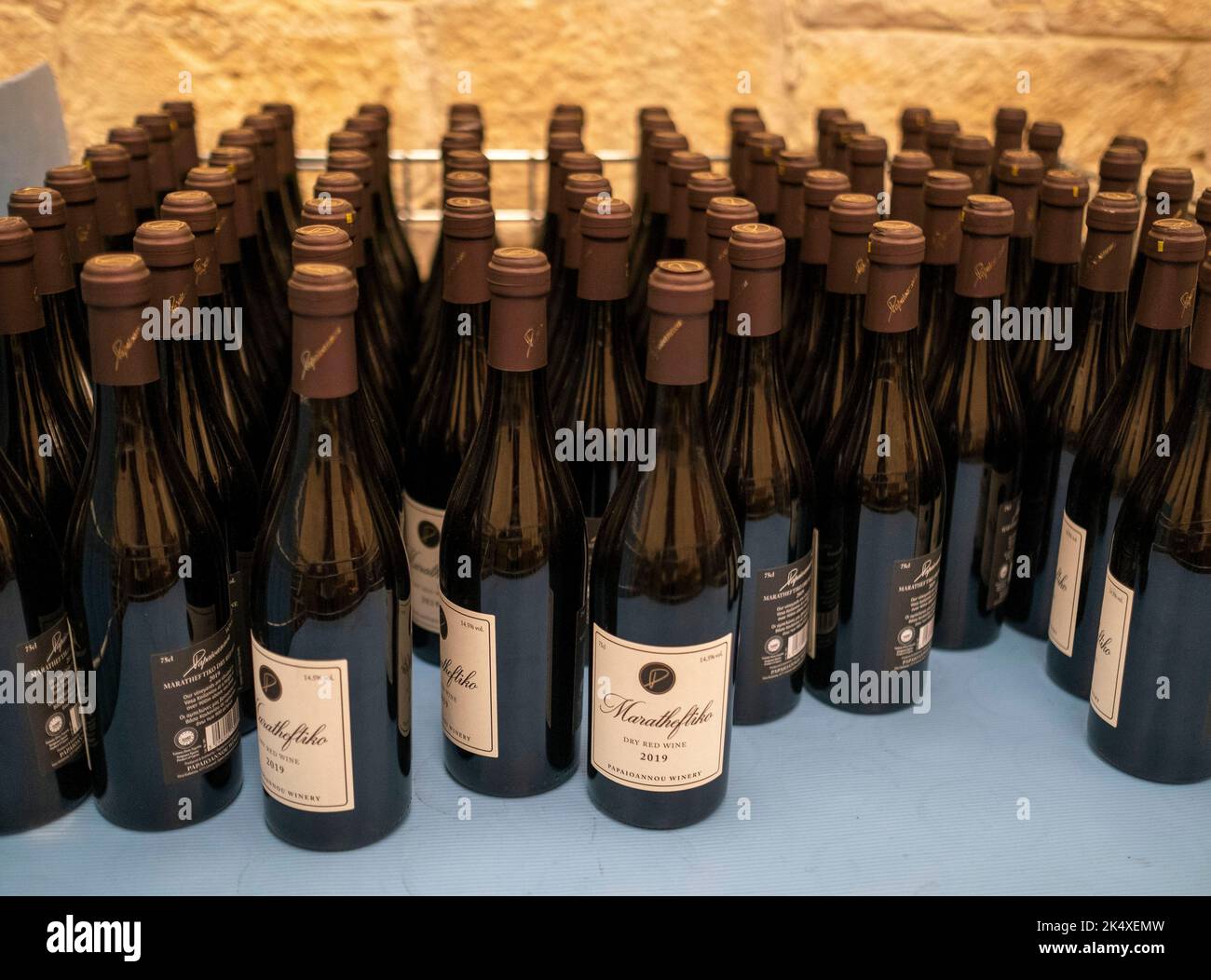 Wine bottles on display at the Papaioannou Winery, Vasa koilaniou