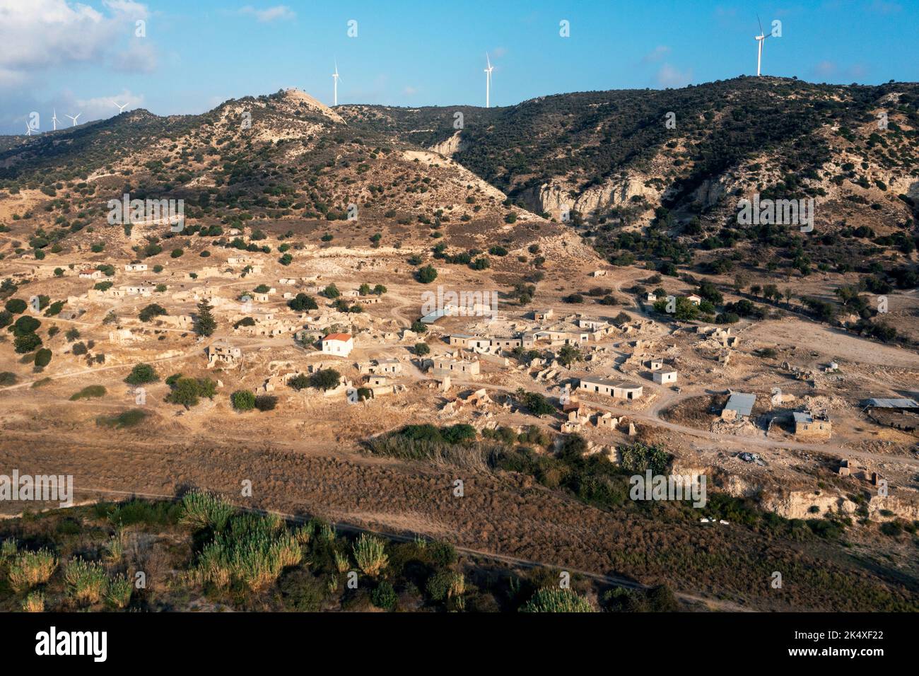 Aerial view of the Turkish Cypriot village of Souskiou (Susuz) in the Diarizos Valley, Paphos region,  Cyprus. The village was abandoned in July 1974. Stock Photo