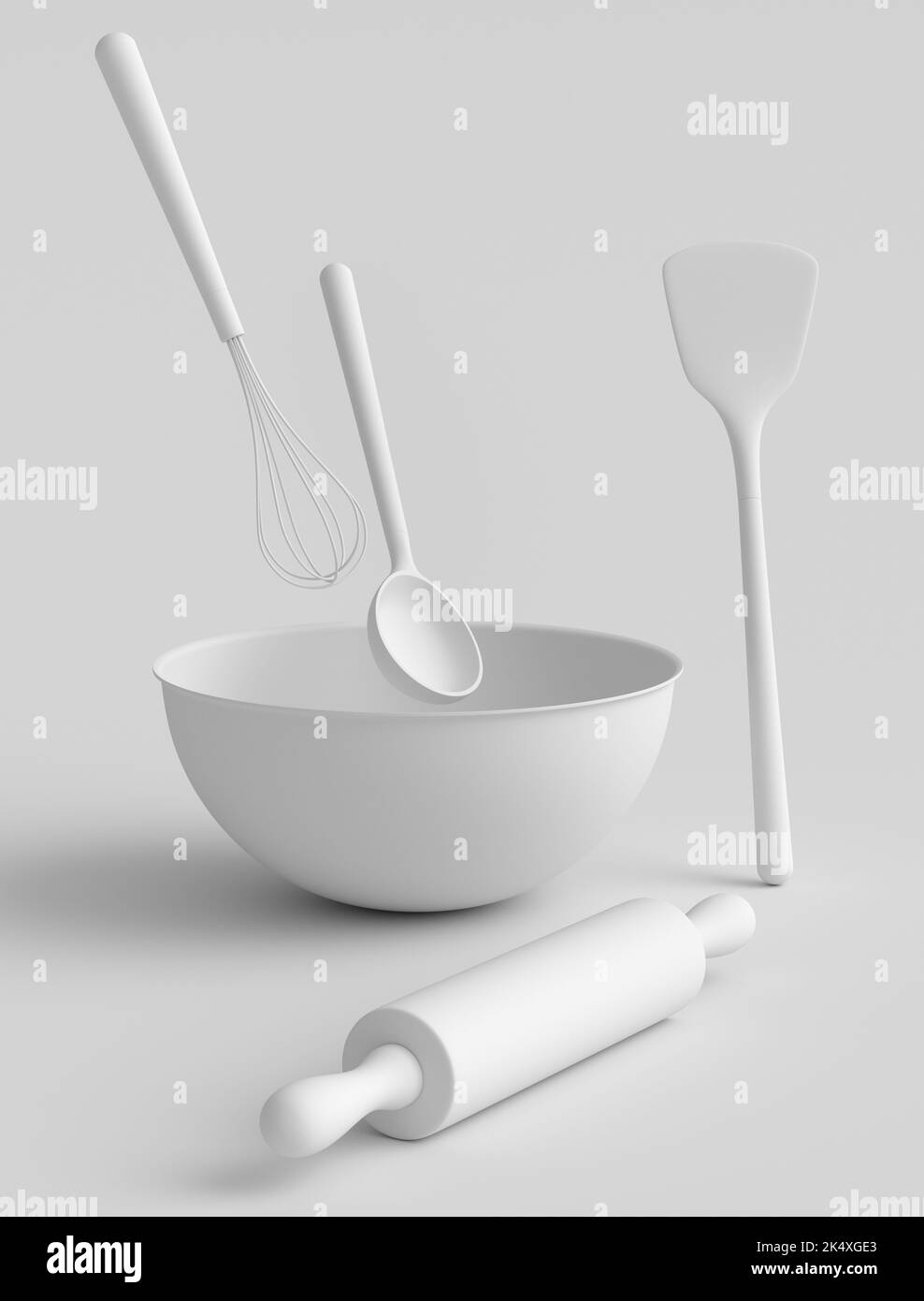 Metal bowl with kitchen utensil for preparation of dough on monochrome
