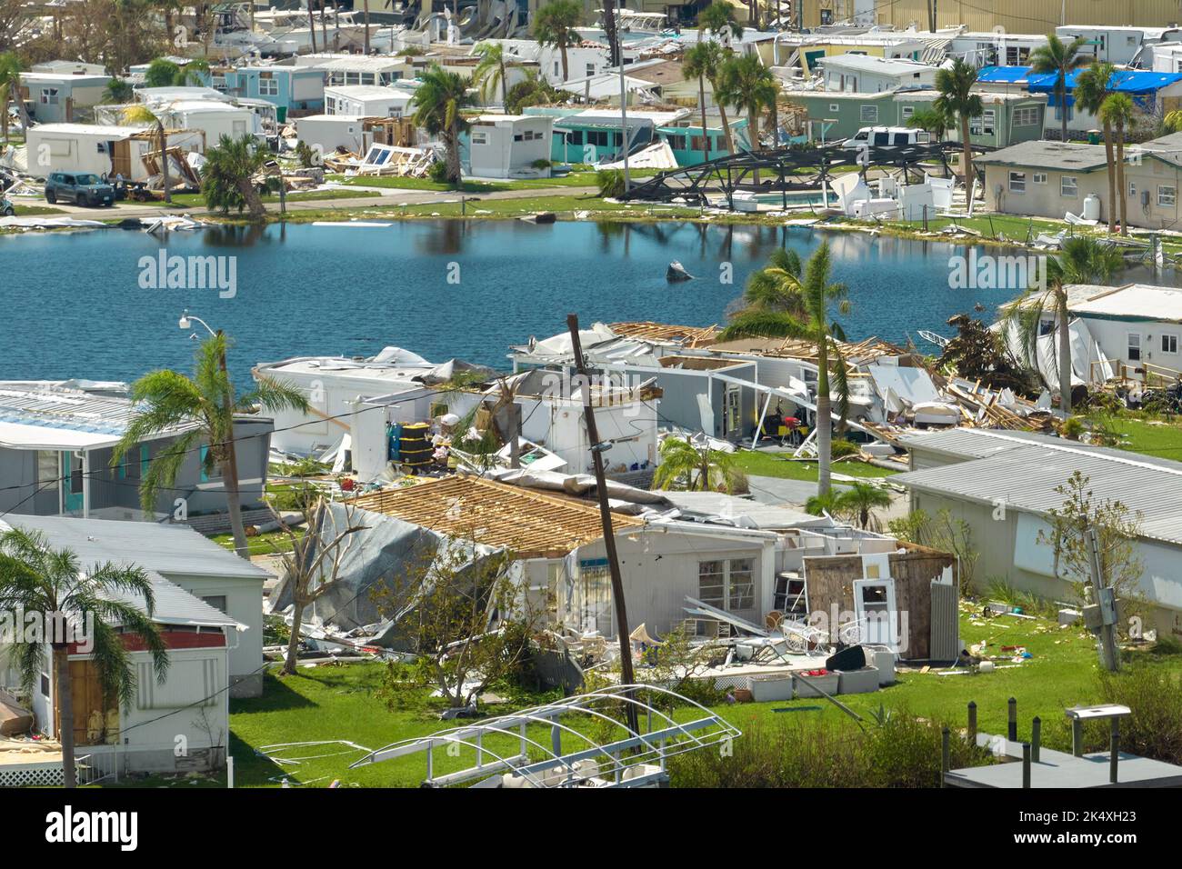 Hurricane Ian destroyed homes in Florida residential area. Natural