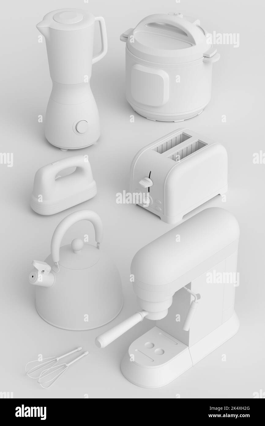 Electric kitchen appliances and utensils for making breakfast on monochrome background. 3d render of kitchenware for cooking, baking, blending and whi Stock Photo