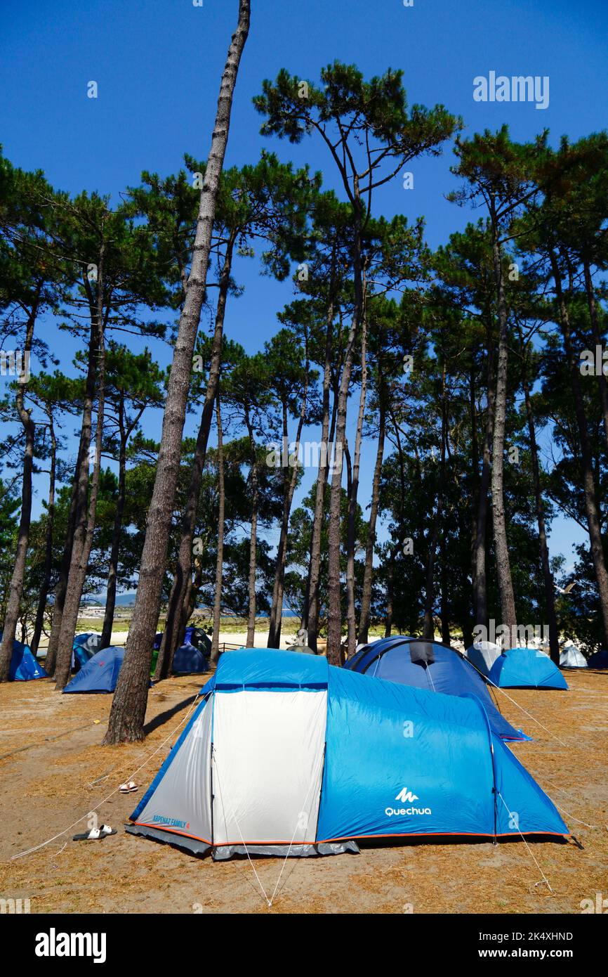 Tents in the campsite on Illa de Faro or Montefaro, Cies Islands, Galicia, Spain. Stock Photo
