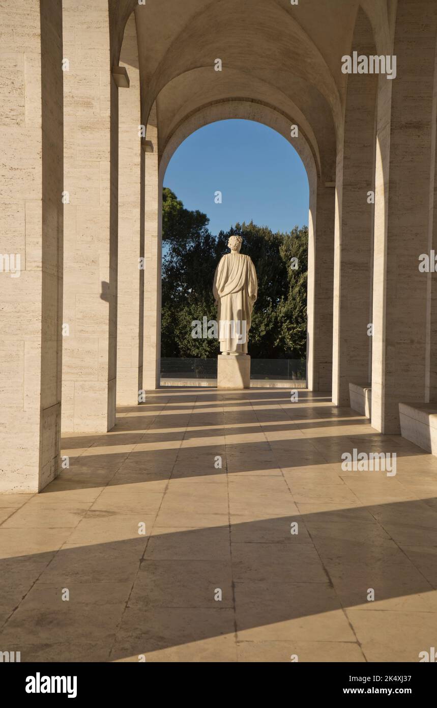 Views of buildings and statues at the EUR (Esposizione Universale Roma) district, with Fascist-era architecture from 1942 at the time of Mussolini. Ro Stock Photo