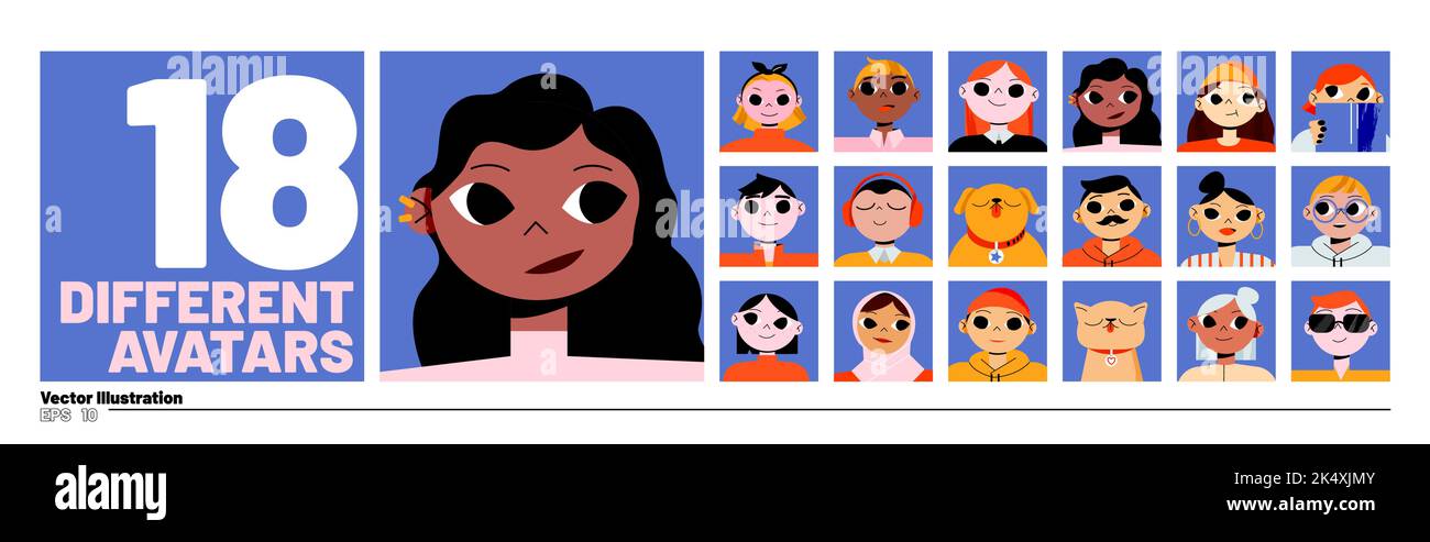 Avatars set with diverse people and pets portraits on blue square ...
