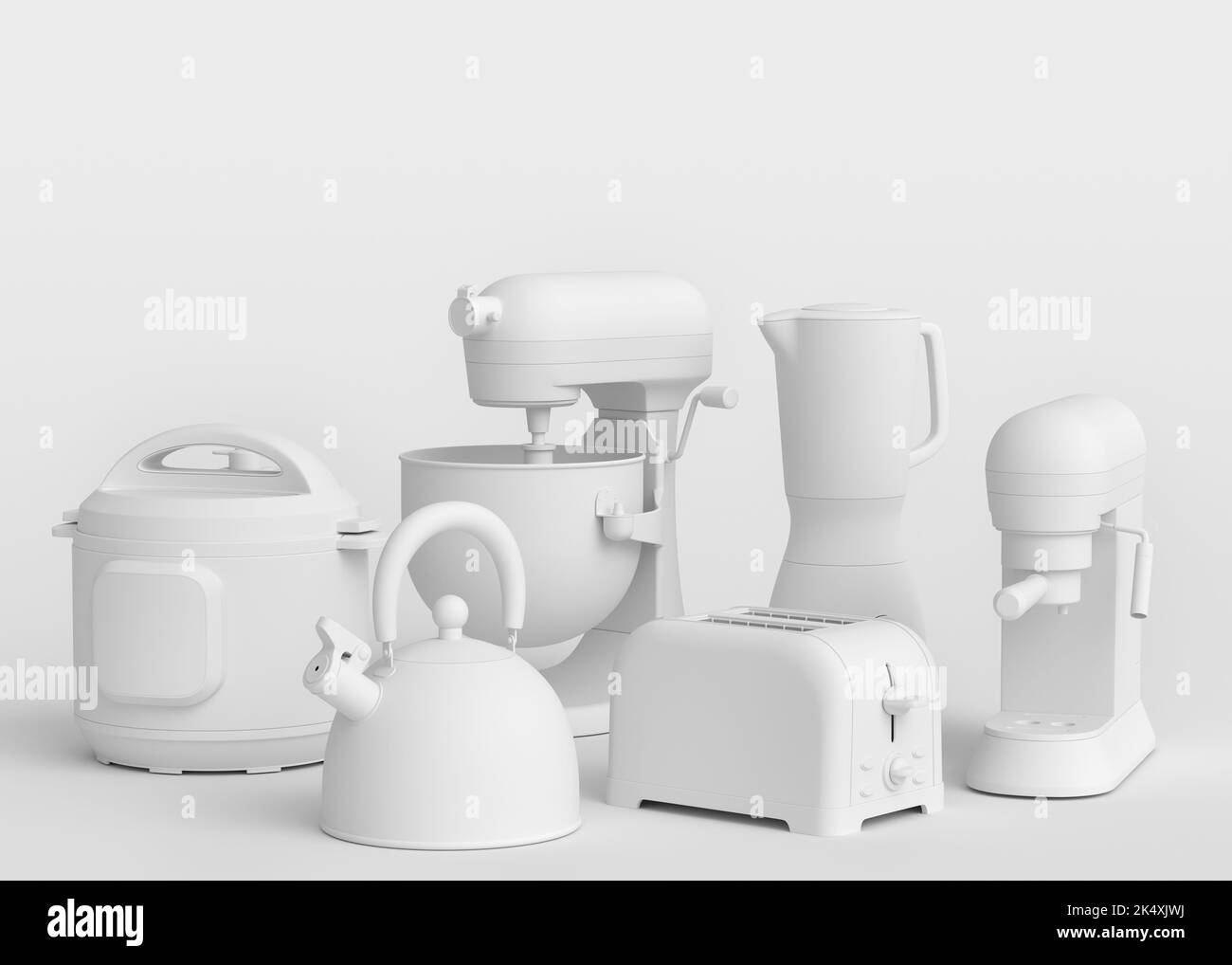 Electric kitchen appliances and utensils for making breakfast on monochrome background. 3d render of kitchenware for cooking, baking, blending and whi Stock Photo
