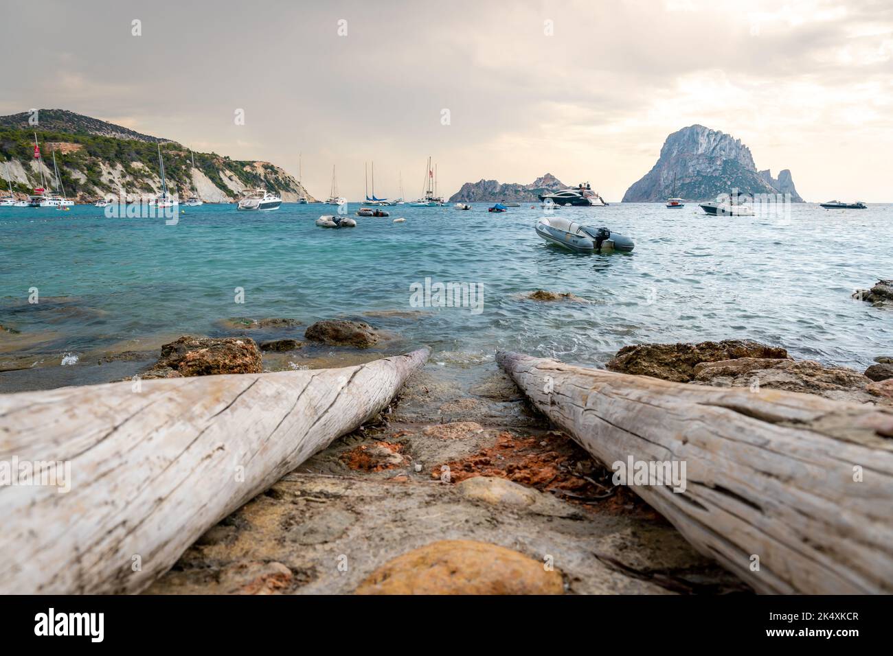 View of Es Vedra from a boat channel Stock Photo