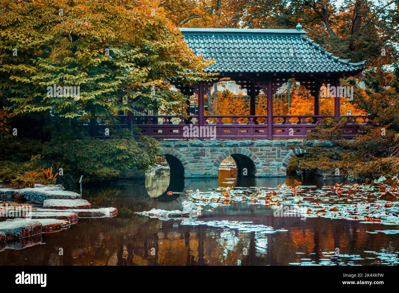 Colorful autumn landscape in the Japanese Garden in Leverkusen Stock Photo Alamy