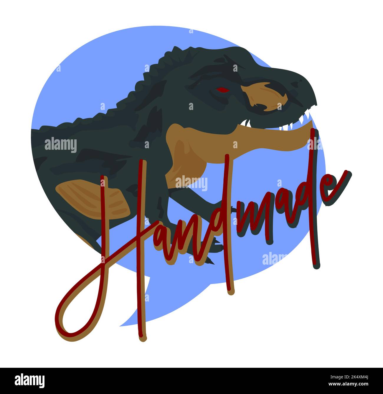 Dinosaur with Handmade word. Tyrannosaurus Rex sign, sticker. Exclusive Product Certificate. Stock Vector