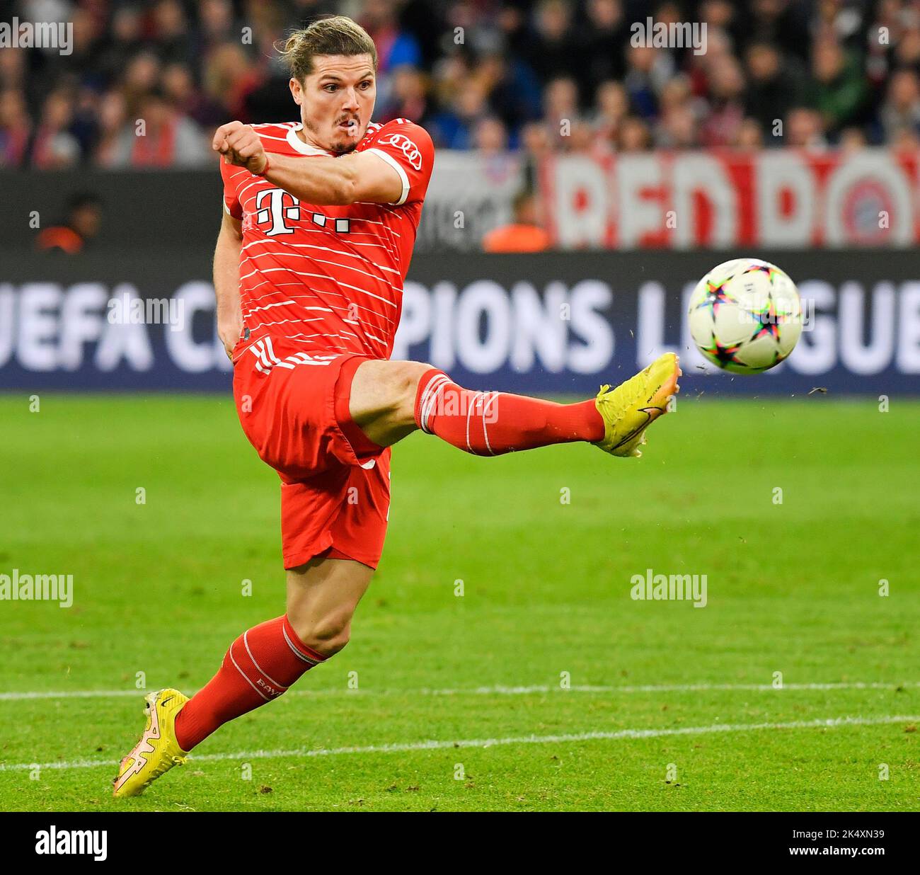 Munich, Germany. 04th Oct, 2022. Marcel Sabitzer of Bayern in action during the Champions League, 3rd round, Group C match Bayern Munich vs Viktoria Plzen in Munich, Germany, October 4, 2022. At right is Lukas Hejda of Plzen. Credit: Miroslav Chaloupka/CTK Photo/Alamy Live News Stock Photo