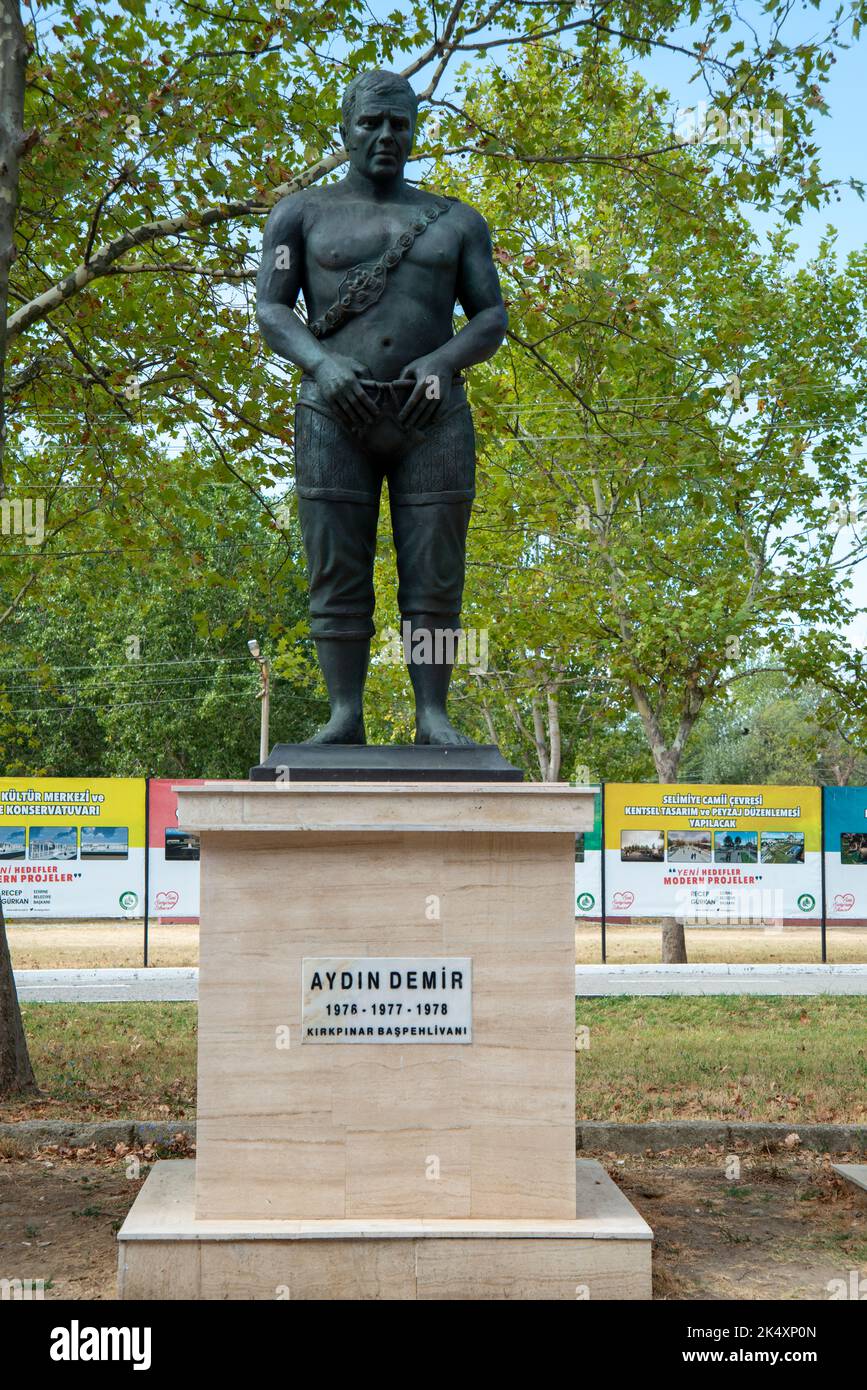 Kırkpınar is a Turkish oil wrestling tournament where wrestlers compete for three days. It is held annually, usually in late June, near Edirne, Turkey Stock Photo