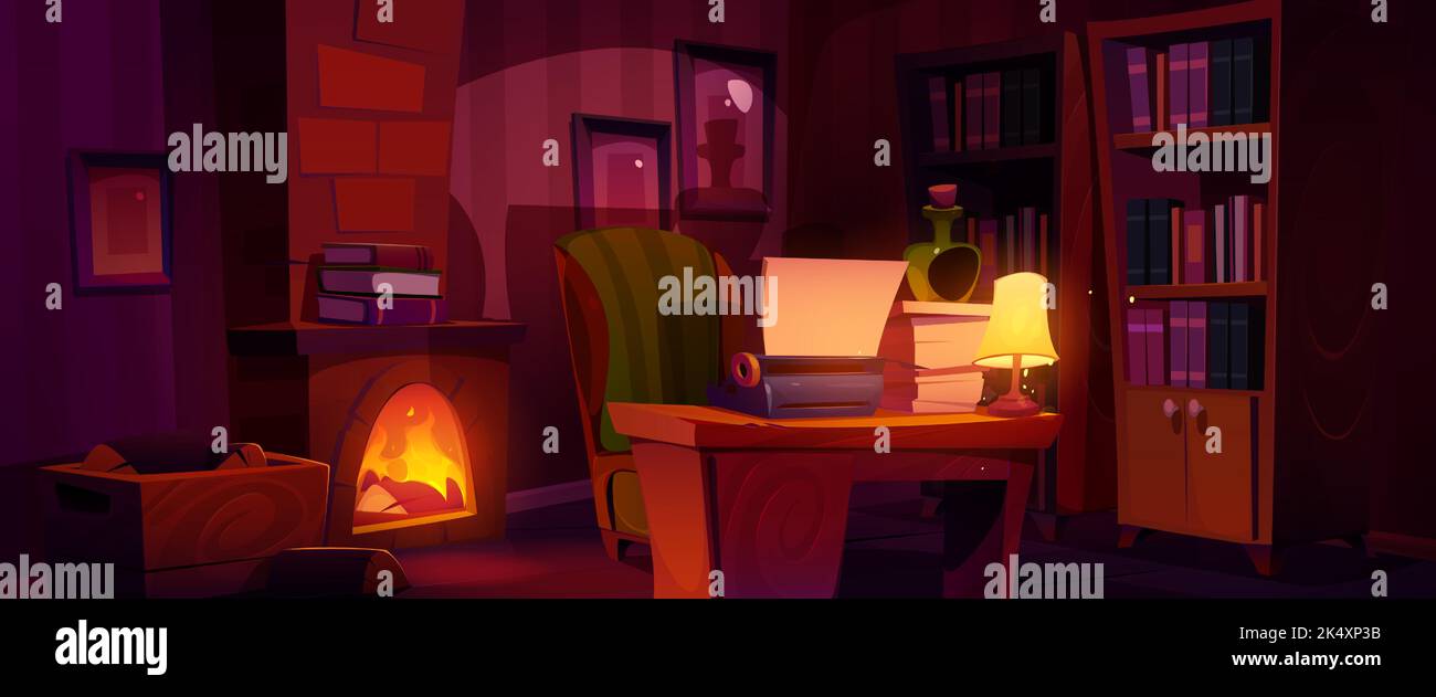 Writer workspace in dark room with vintage furniture. Cartoon vector illustration of retro furnished home office with old typewriter on wooden desk, cozy armchair and fireplace, many books on shelves Stock Vector