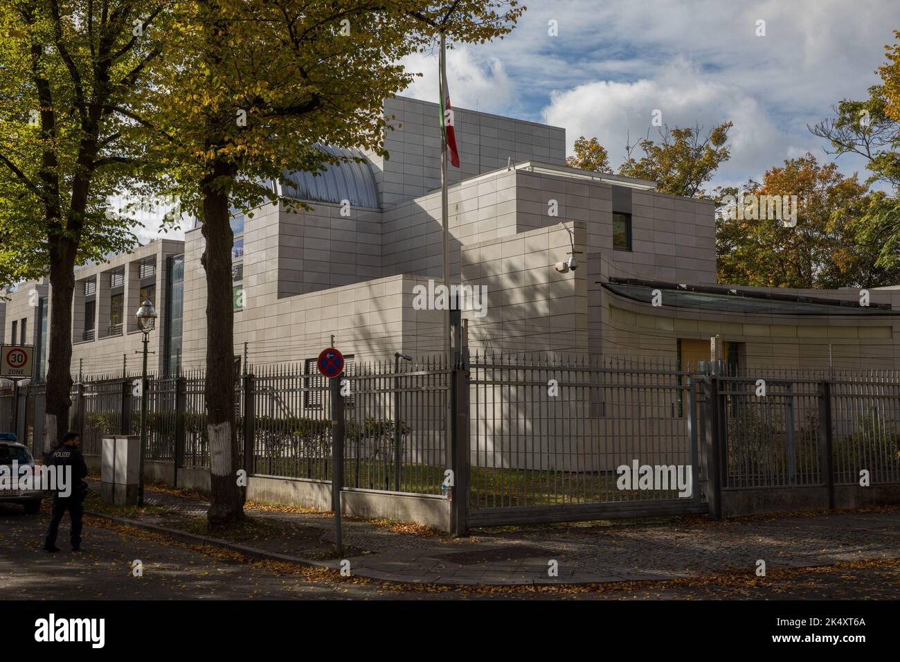 Berlin, Germany. 4th Oct, 2022. The Embassy of Iran in Berlin is the official diplomatic mission of the Islamic Republic of Iran in Germany. The Embassy is located at Podbielskiallee 65-67 in the Dahlem district of Berlin's Steglitz-Zehlendorf borough. (Credit Image: © Michael Kuenne/PRESSCOV via ZUMA Press Wire) Stock Photo