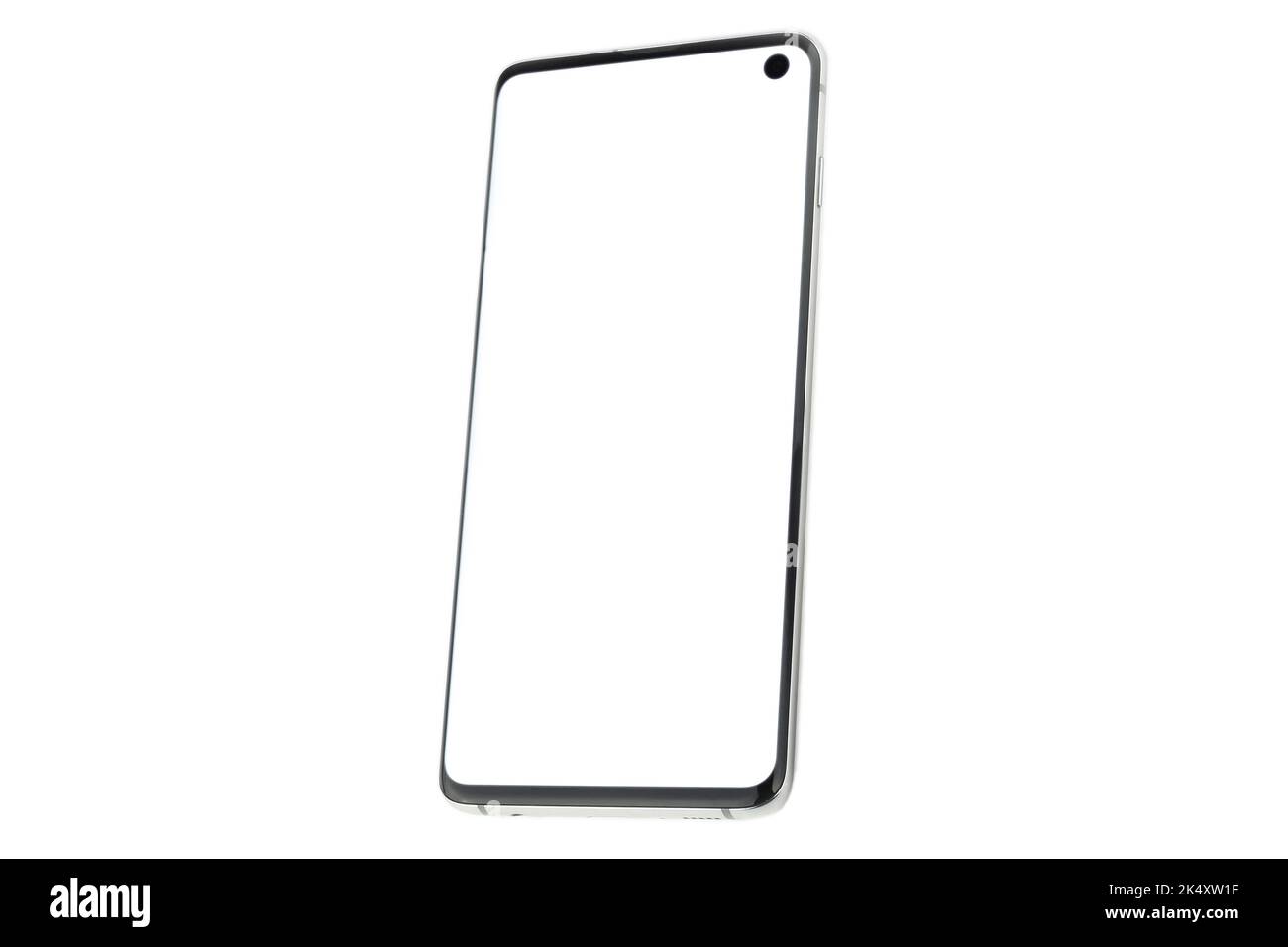 Smartphone with a white display on a white isolated background. Copyspace Stock Photo