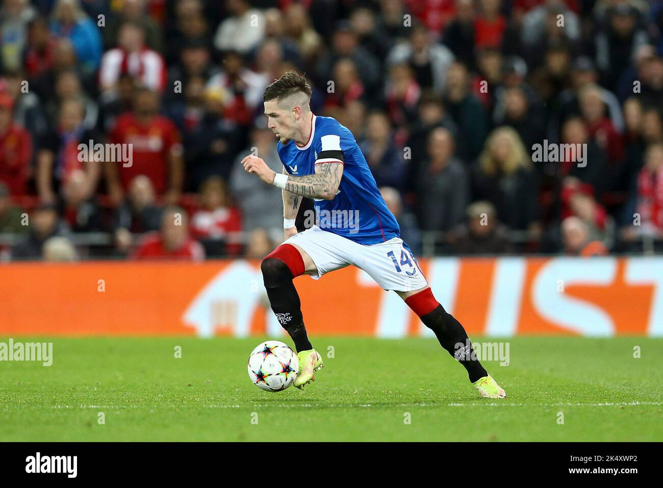 Liverpool, UK. 04th Oct, 2022. Ryan Kent of Rangers in action. UEFA Champions league, group A match, Liverpool v Rangers at Anfield Stadium in Liverpool on Tuesday 4th October 2022. this image may only be used for Editorial purposes. Editorial use only, license required for commercial use. No use in betting, games or a single club/league/player publications. pic by Chris Stading/Andrew Orchard sports photography/Alamy Live news Credit: Andrew Orchard sports photography/Alamy Live News Stock Photo