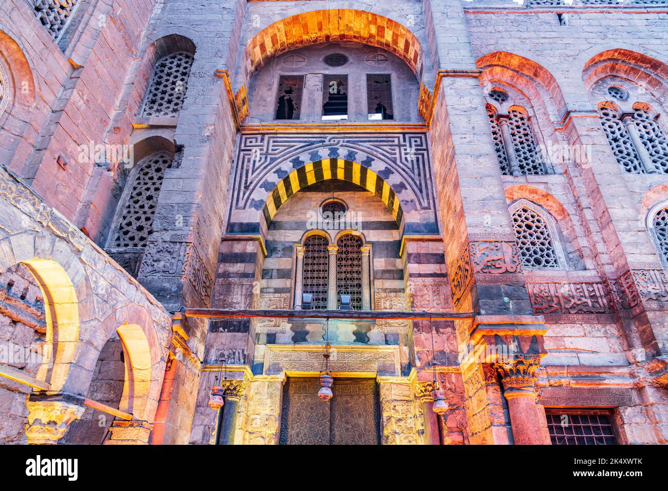 Cairo, Egypt. Entrance to a historic mosque on El Moez street in Old Cairo. Stock Photo