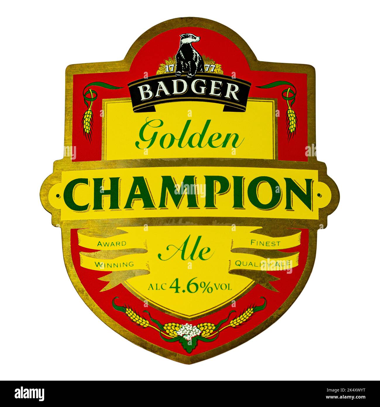 A pump clip for Badger (Hall & Woodhouse) Golden Champion draught ale. Stock Photo