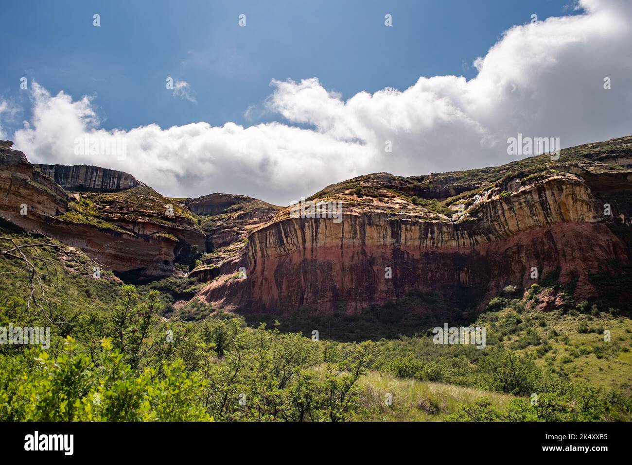 A view of Mushroom Rock; a colourful eroded rock formation in the Golden Gate Highlands National Park in South Africa. Stock Photo