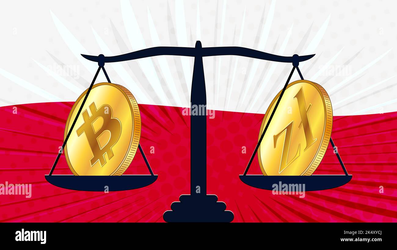 Gold coin of Bitcoin BTC and Polish zloty PLN on scales and colored flag of  Poland on background. Central Bank of Poland adopts laws on digital assets  Stock Vector Image & Art -