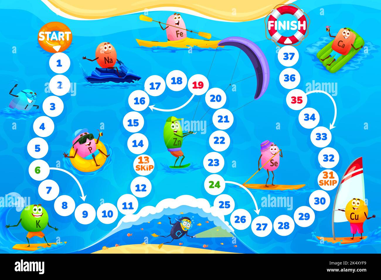 Kids step board game, cartoon vitamin and mineral characters on beach