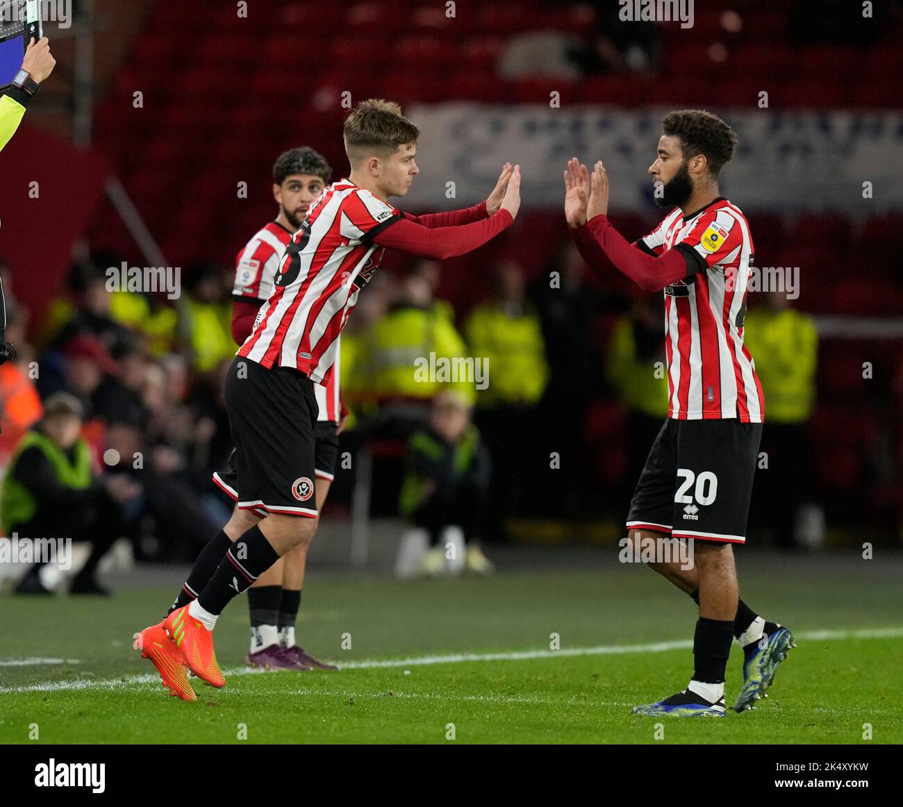 Sheffield, UK. 4th Oct, 2022. James McAtee of Sheffield Utd (l) replaces Jayden Bogle of Sheffield Utd (r) during the Sky Bet Championship match at Bramall Lane, Sheffield. Picture credit should read: Andrew Yates/Sportimage Credit: Sportimage/Alamy Live News Stock Photo