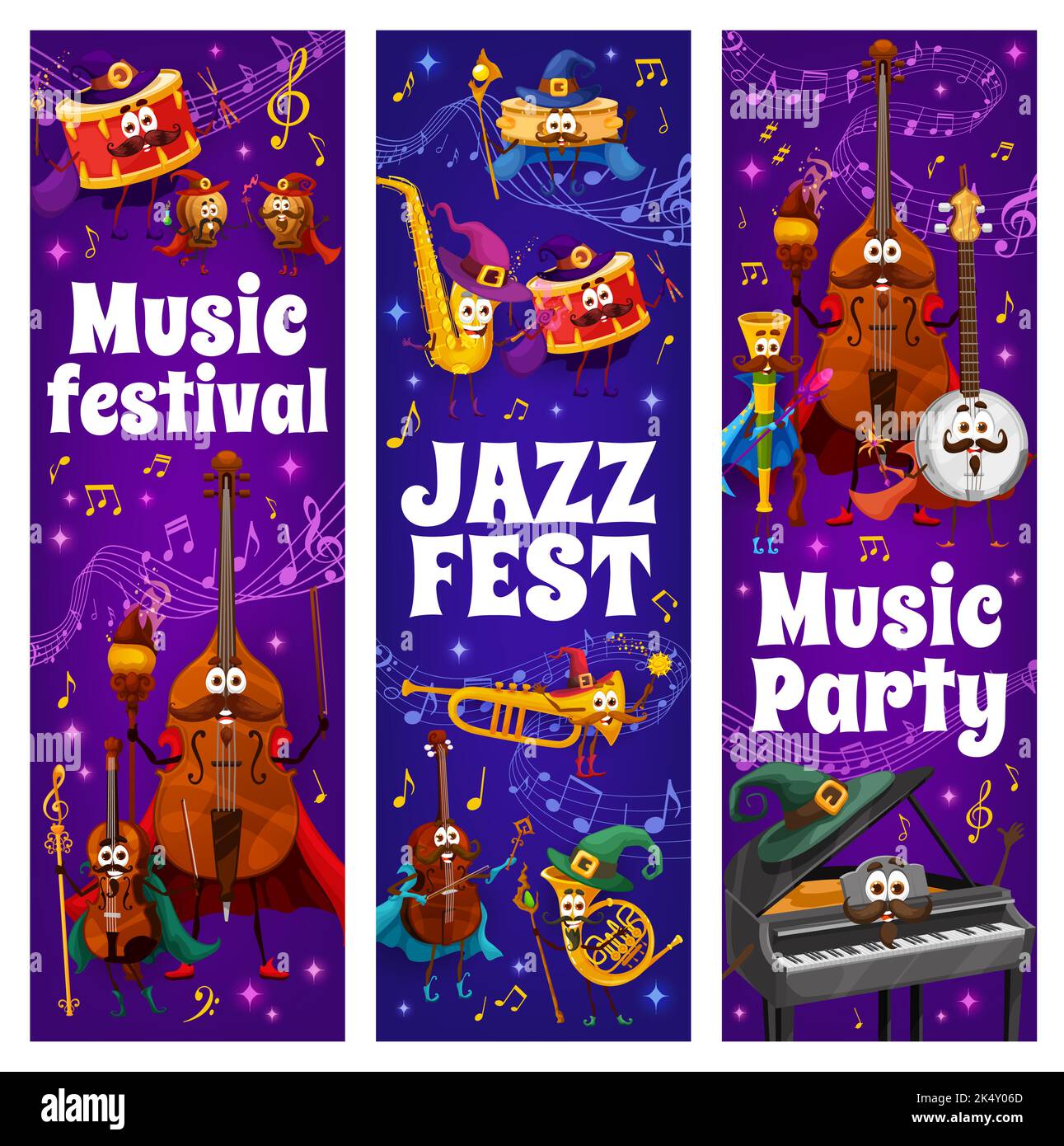 Music party, jazz festival banners. Wizard musical instrument characters, sound waves and notes