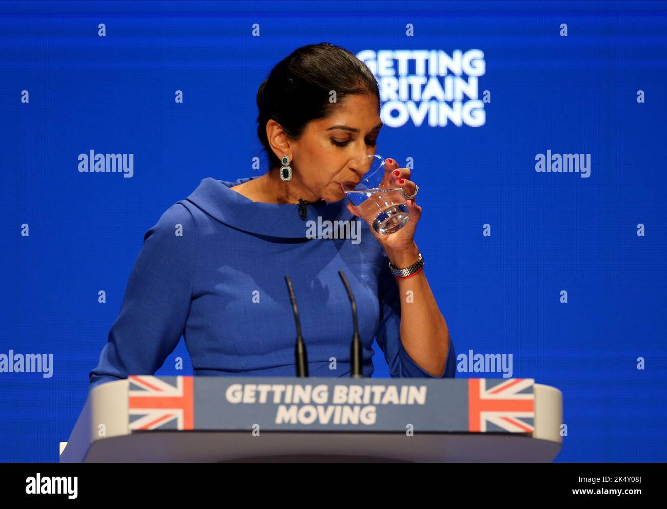 Birmingham, UK. 4 October, 2022. Home Secretary Suella Braverman delivers her speech during the Conservative Party's annual conference at the International Convention Centre in Birmingham. Picture date: Monday October 4, 2022. Credit: Isabel Infantes/Empics/Alamy Live News Stock Photo