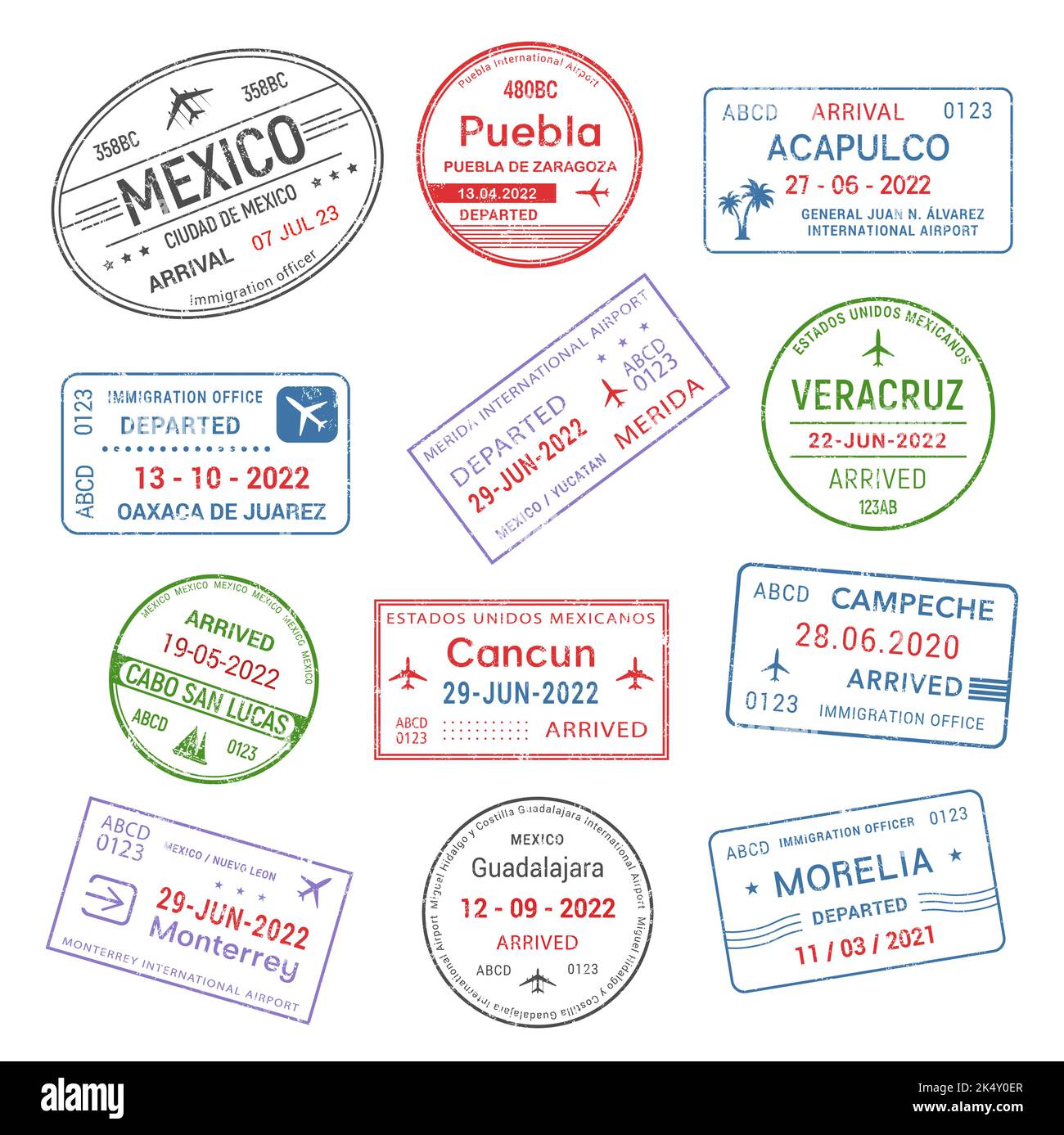 Passport travel stamps, Mexico airport visa arrival to Mexican cities, vector signs. International destinations and Mexico travel stamps of Acapulco, Cancun and Veracruz or Monterrey and Guadalajara Stock Vector