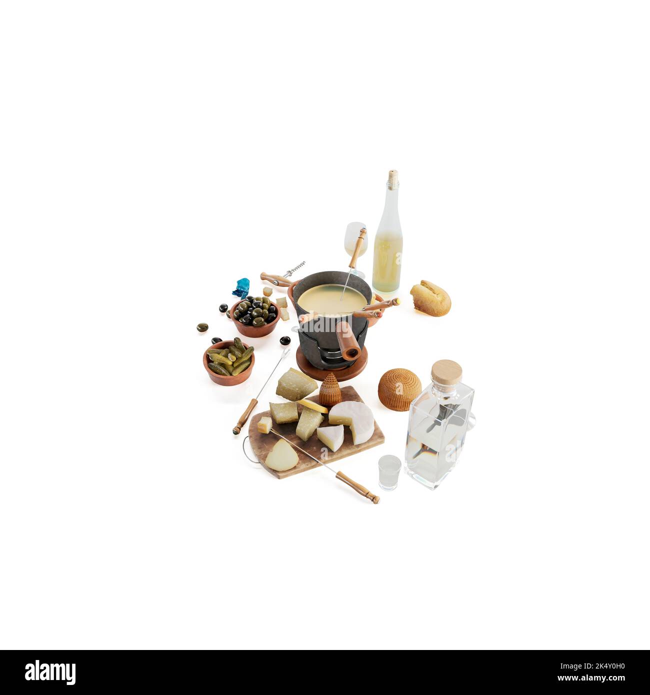A closeup of a cheese platter, fondue, alcohol bottles, pickles and