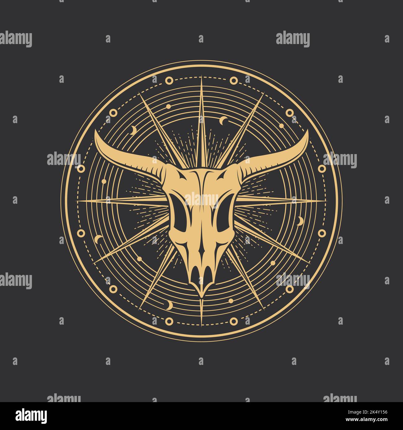 Occult esoteric tarot card symbol of Baphomet skull, magic and alchemy vector circle. Esoteric symbol of sacred sun of celestial mystic clock with moons and Baphomet goat skull in devil pentagram Stock Vector