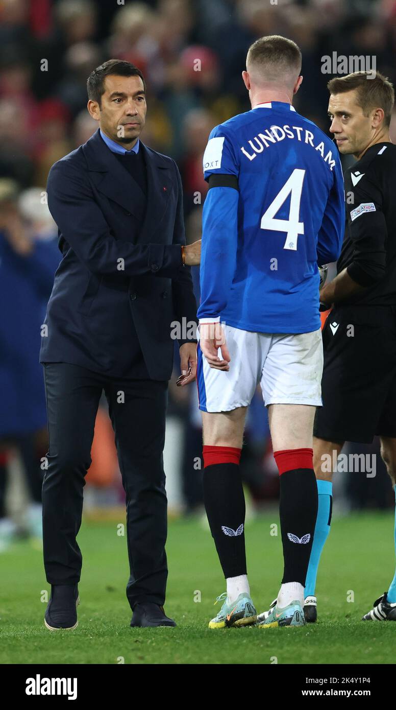 Liverpool, UK. 4th Oct, 2022. Giovanni van Bronckhorst manager of Rangers consoles John Lundstram of Rangers during the UEFA Champions League match at Anfield, Liverpool. Picture credit should read: Darren Staples/Sportimage Credit: Sportimage/Alamy Live News Stock Photo