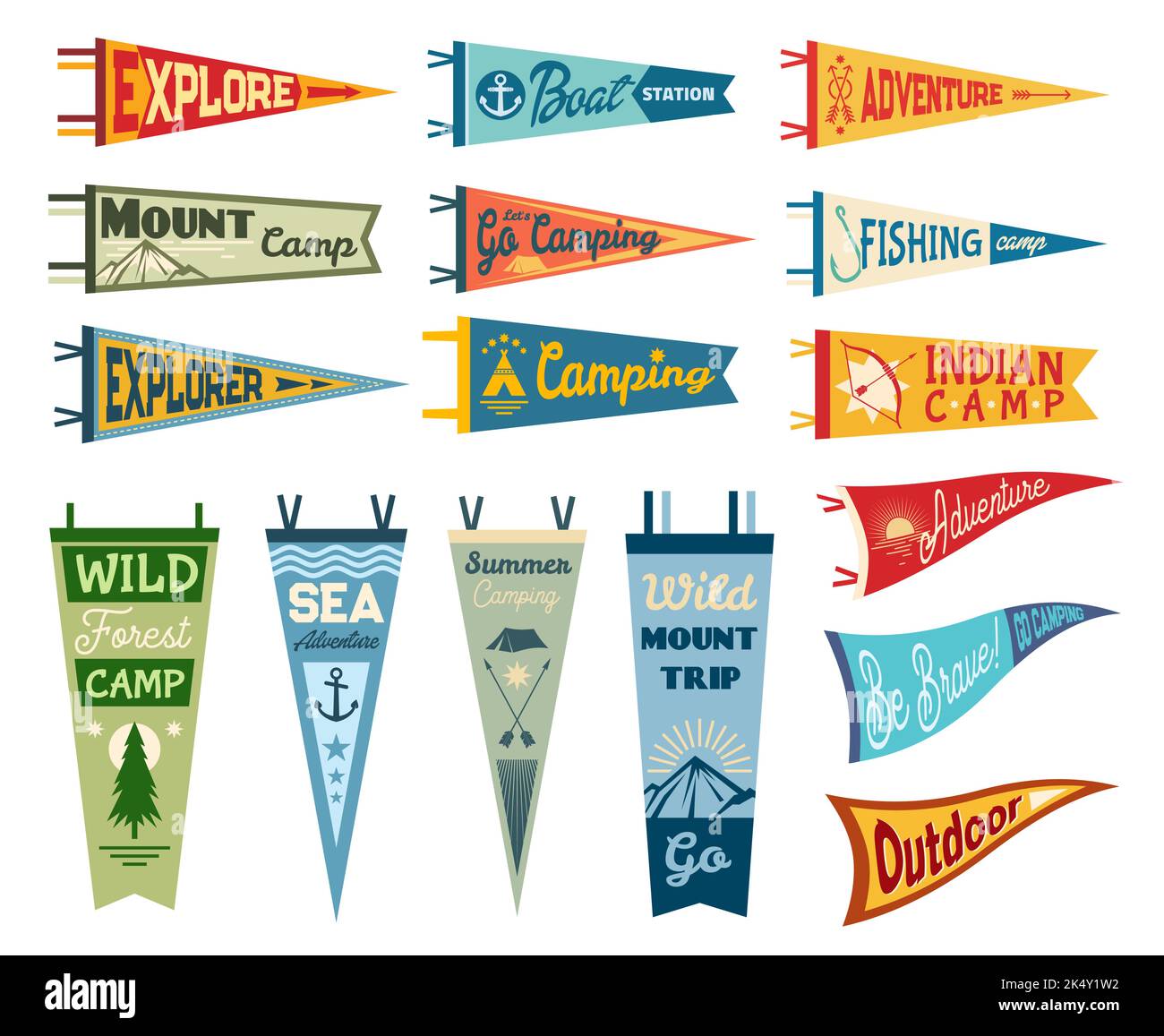 Camping pennant flags, camp pendants and outdoor sport club vector ...
