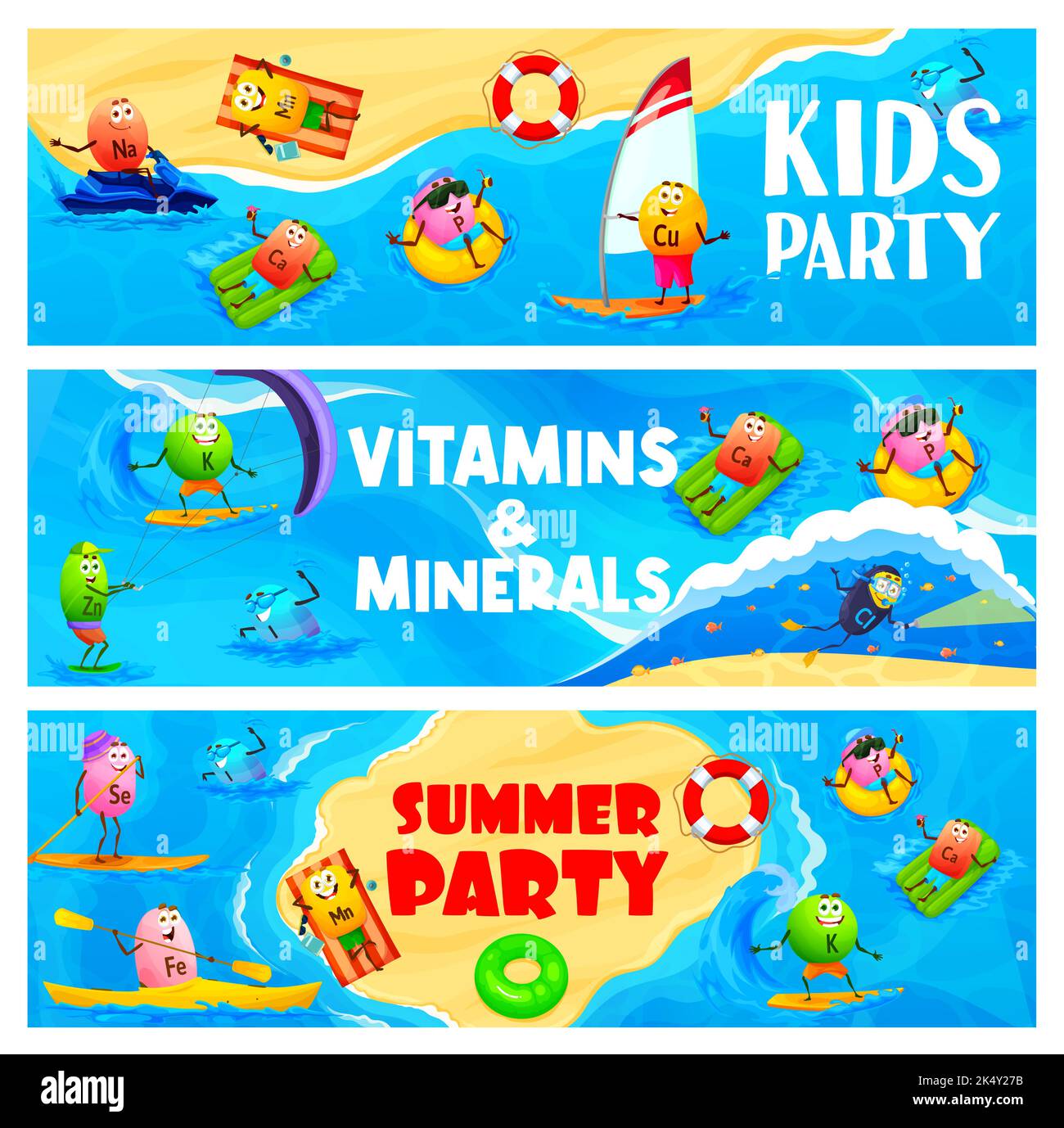 Cartoon vitamin and mineral characters on beach vacation