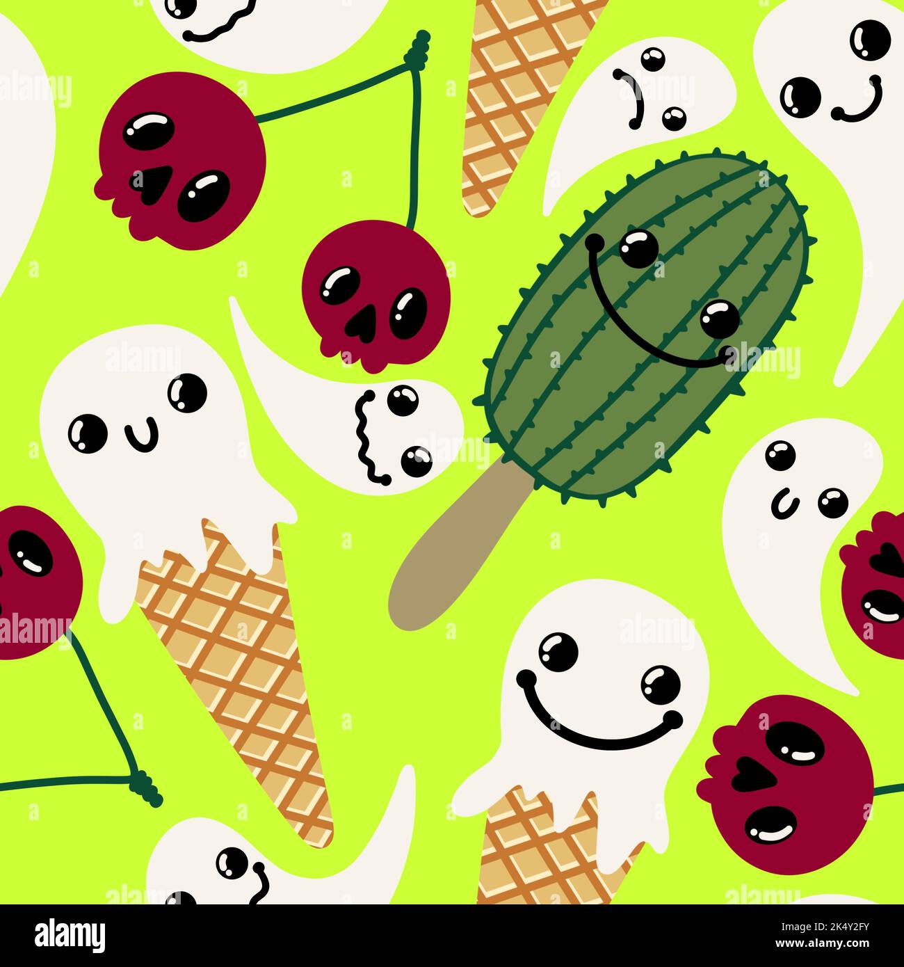 Halloween cartoon doodle seamless ghost ice cream and cactus and skulls ...